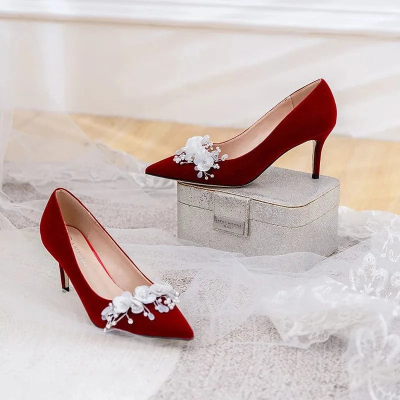 New Female Pointed-toe Flower Decoration Stilettos Wedding Pumps Shoes for Ladies Shallow Suede Banquet Sandals