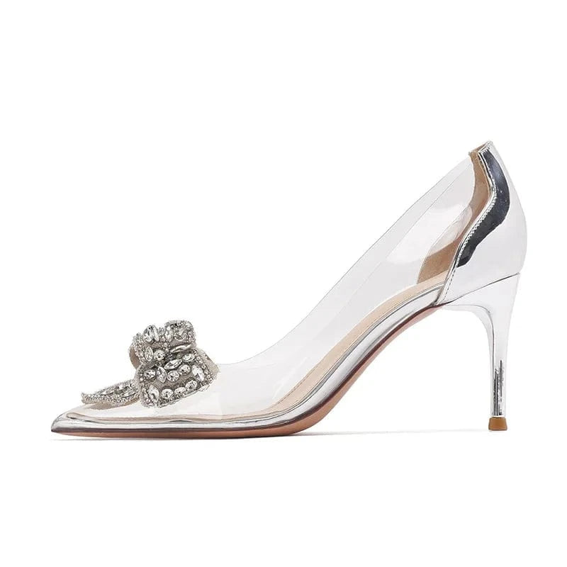 New Female Spring Crystal Transparent High Heels Stilettos for Ladies Point Toe Bowknot Rhinestone Women Sandals