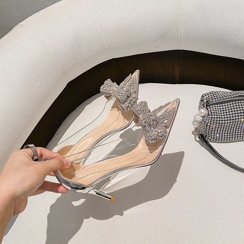 New Female Spring Crystal Transparent High Heels Stilettos for Ladies Point Toe Bowknot Rhinestone Women Sandals