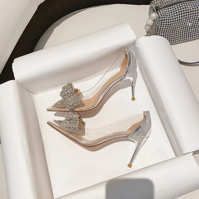 New Female Spring Crystal Transparent High Heels Stilettos for Ladies Point Toe Bowknot Rhinestone Women Sandals