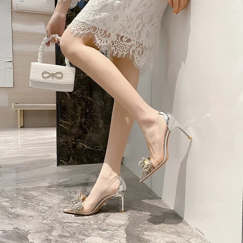 New Female Spring Crystal Transparent High Heels Stilettos for Ladies Point Toe Bowknot Rhinestone Women Sandals