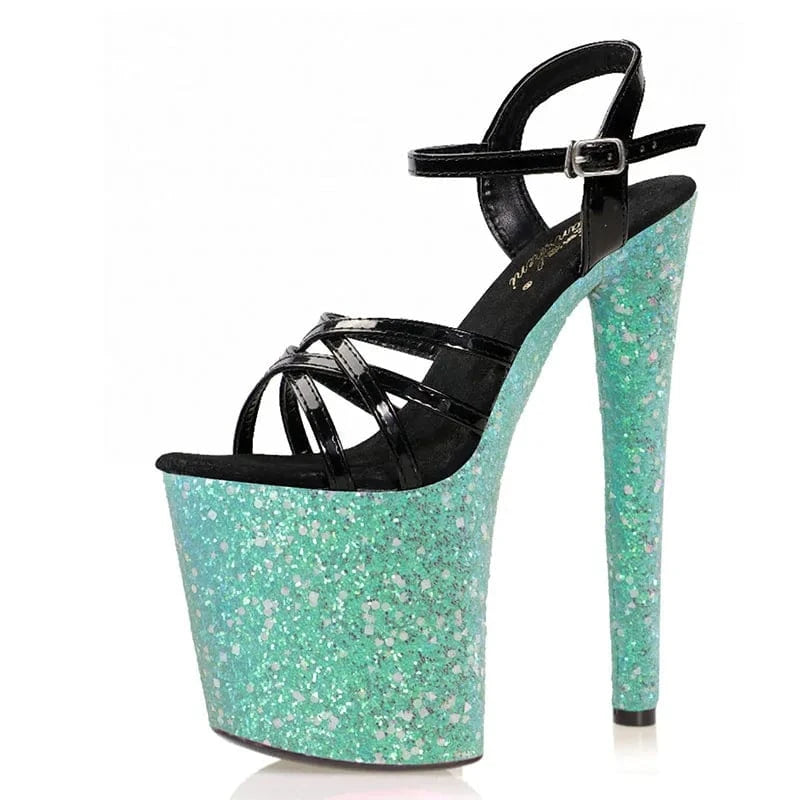 New green Sequin shiny high heels 20 cm thin heel belt pole dance super high heels 8 inch platform sandals