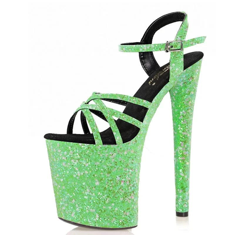 New green Sequin shiny high heels 20 cm thin heel belt pole dance super high heels 8 inch platform sandals
