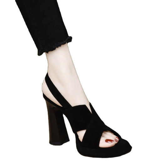 new high heel matte leather waterproof platform open toe black sandals women's shoes