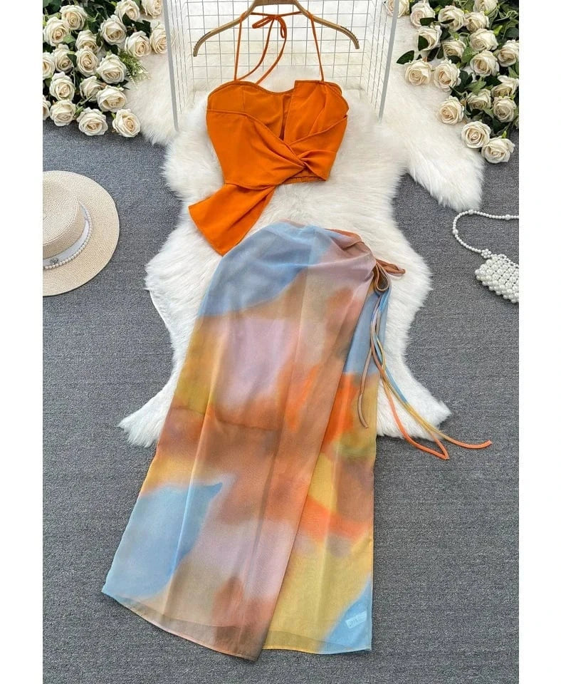 New Holiday Stylish Halter Neck Crop Tank Tops and Skirt Set Women Two Pieces Sets Clothing Wholesale 2