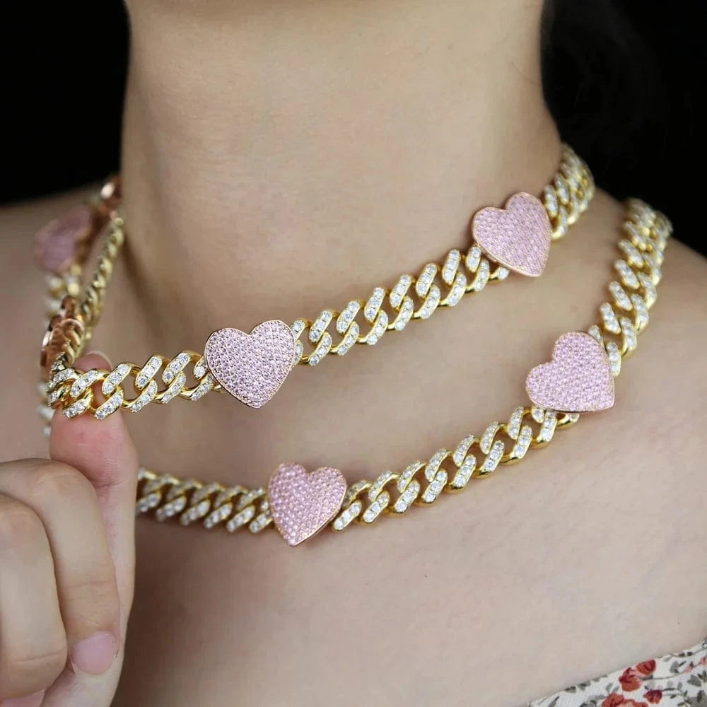 New Iced Out Bling CZ Miami Cuban Link Chain Heart Necklace 12MM Two Tone Color Pink Heart Charm Choker Women Hip Hop Jewelry