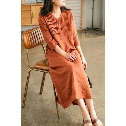 New in Dresses Spring Summer Fashionable V-Neck Solid Color Loose Robe Elegant Long Dress Retro Loose Fitting Women Clothing
