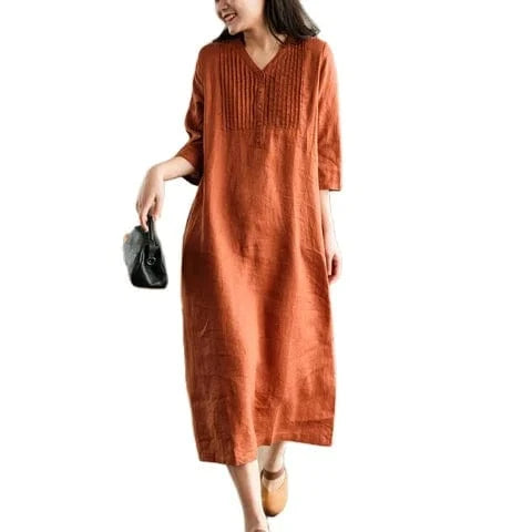 New in Dresses Spring Summer Fashionable V-Neck Solid Color Loose Robe Elegant Long Dress Retro Loose Fitting Women Clothing
