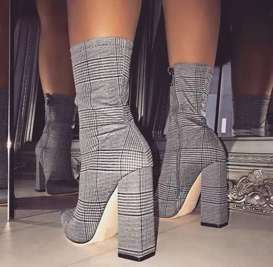 New model short Plaid boot square heel boots for women fancy heel ladies pointed toe boot shoes
