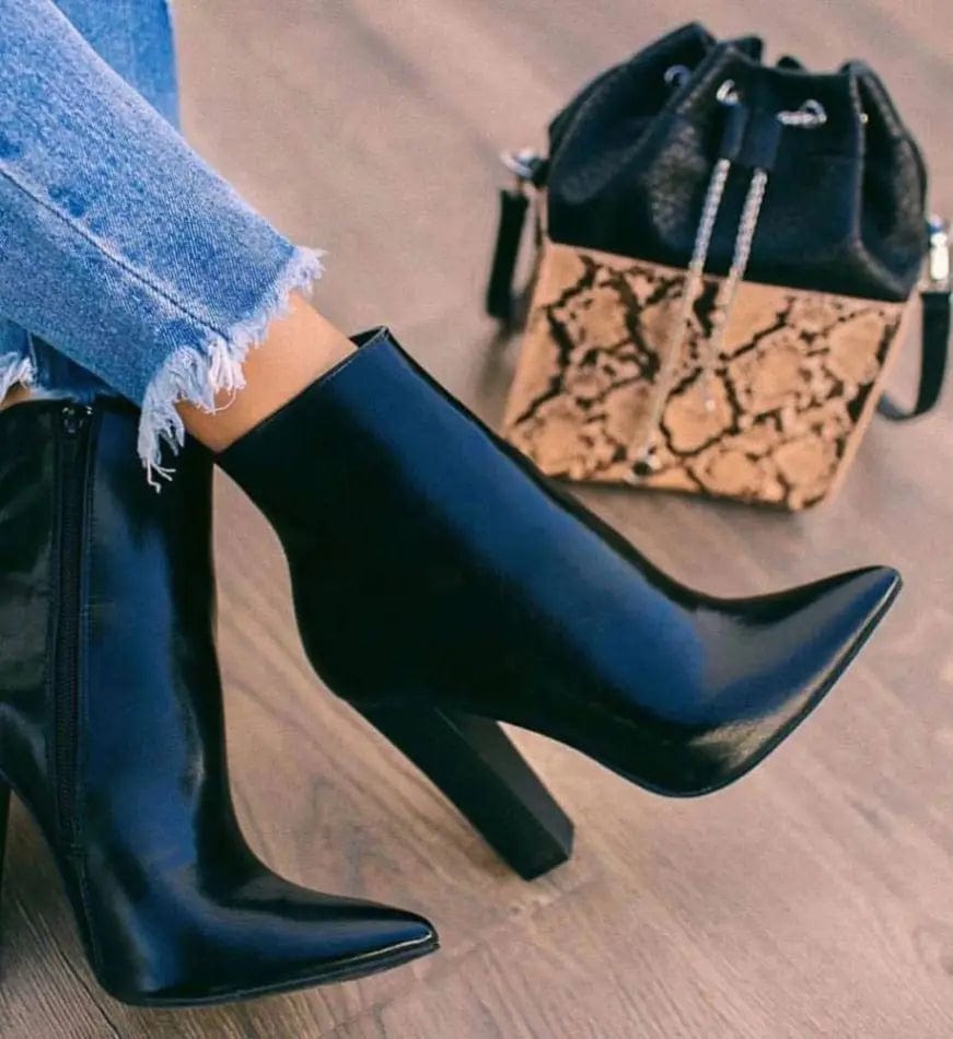 New model short Plaid boot square heel boots for women fancy heel ladies pointed toe boot shoes