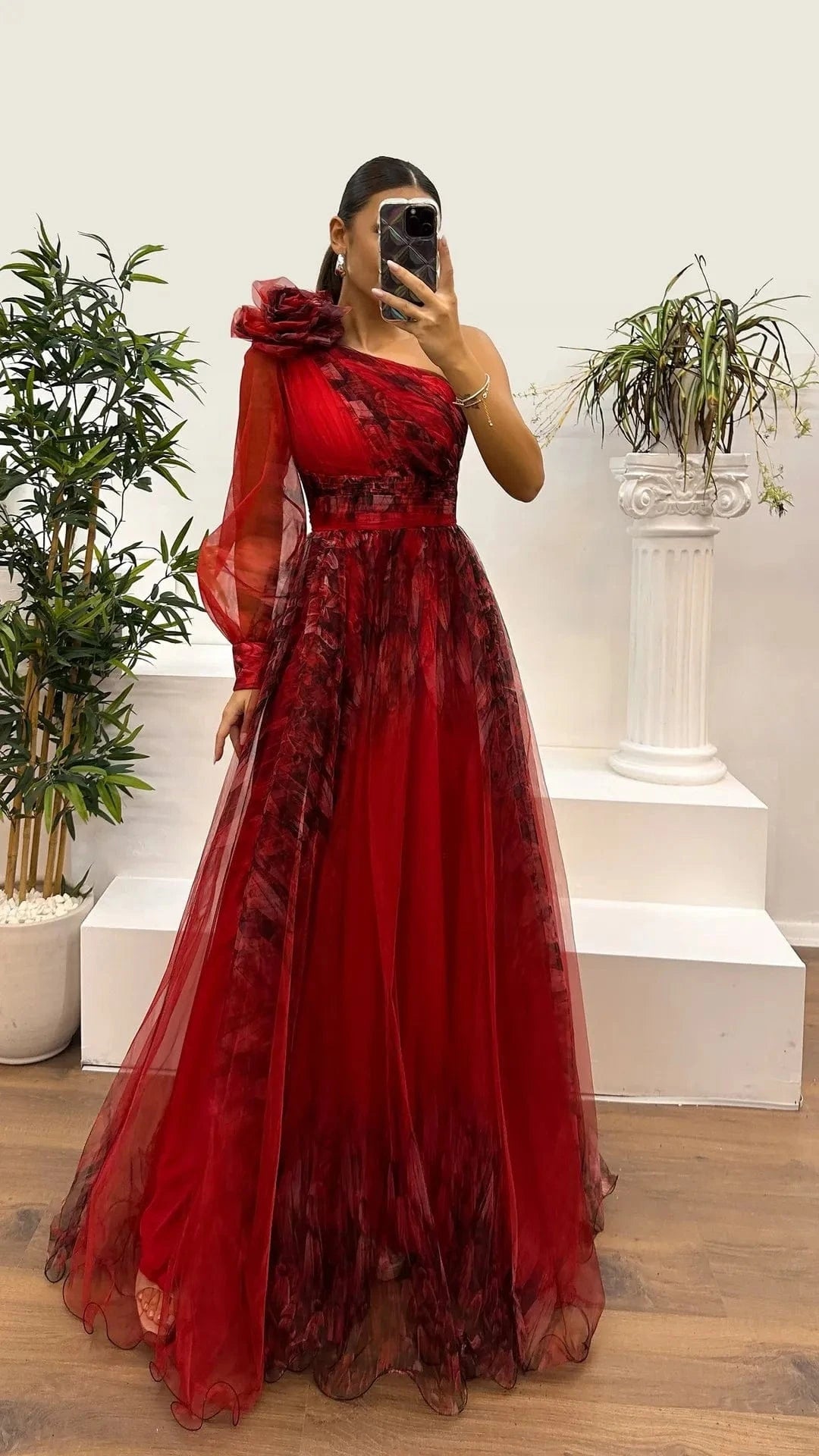 New One Shoulder Sleeve Pleats Bridesmaid Dress Vintage Pattern Printed High Waist Long Dress Sexy Asymmetric Mesh Evening Dress