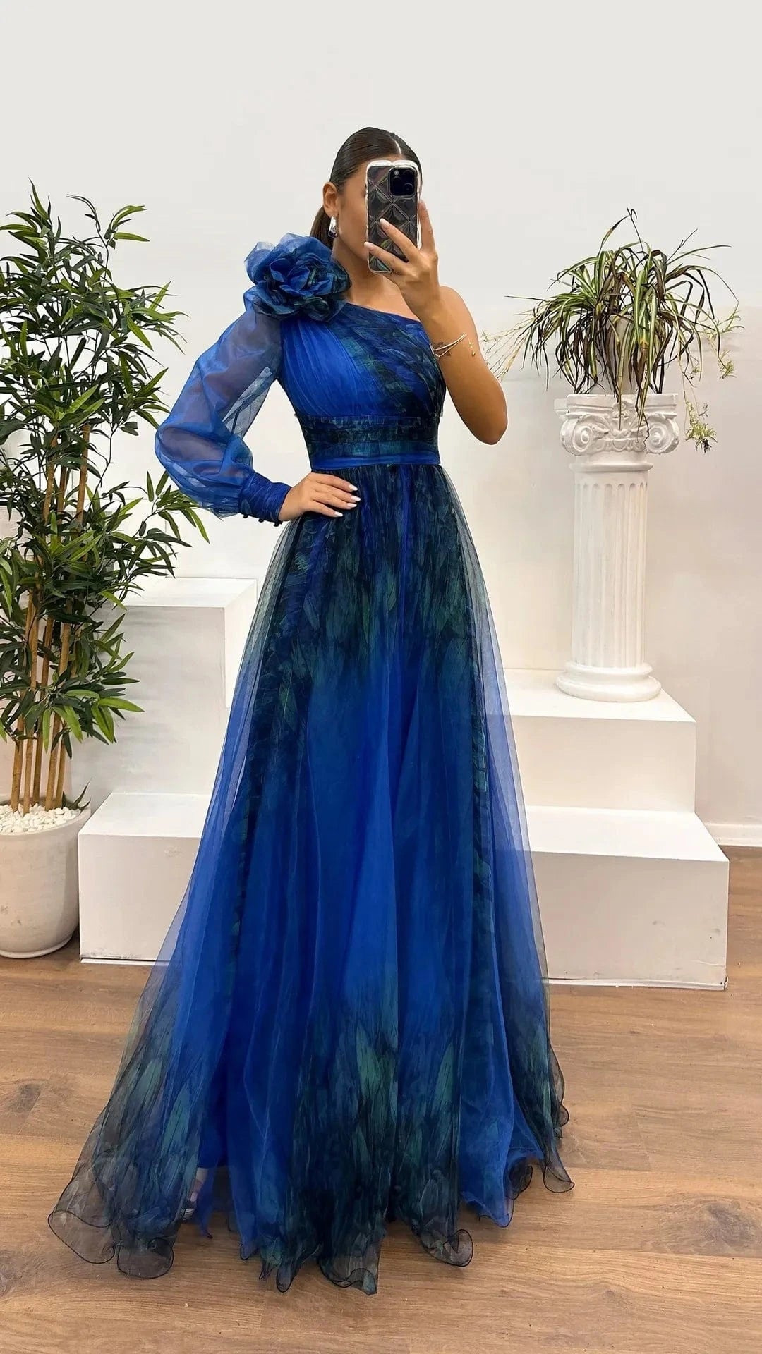 New One Shoulder Sleeve Pleats Bridesmaid Dress Vintage Pattern Printed High Waist Long Dress Sexy Asymmetric Mesh Evening Dress