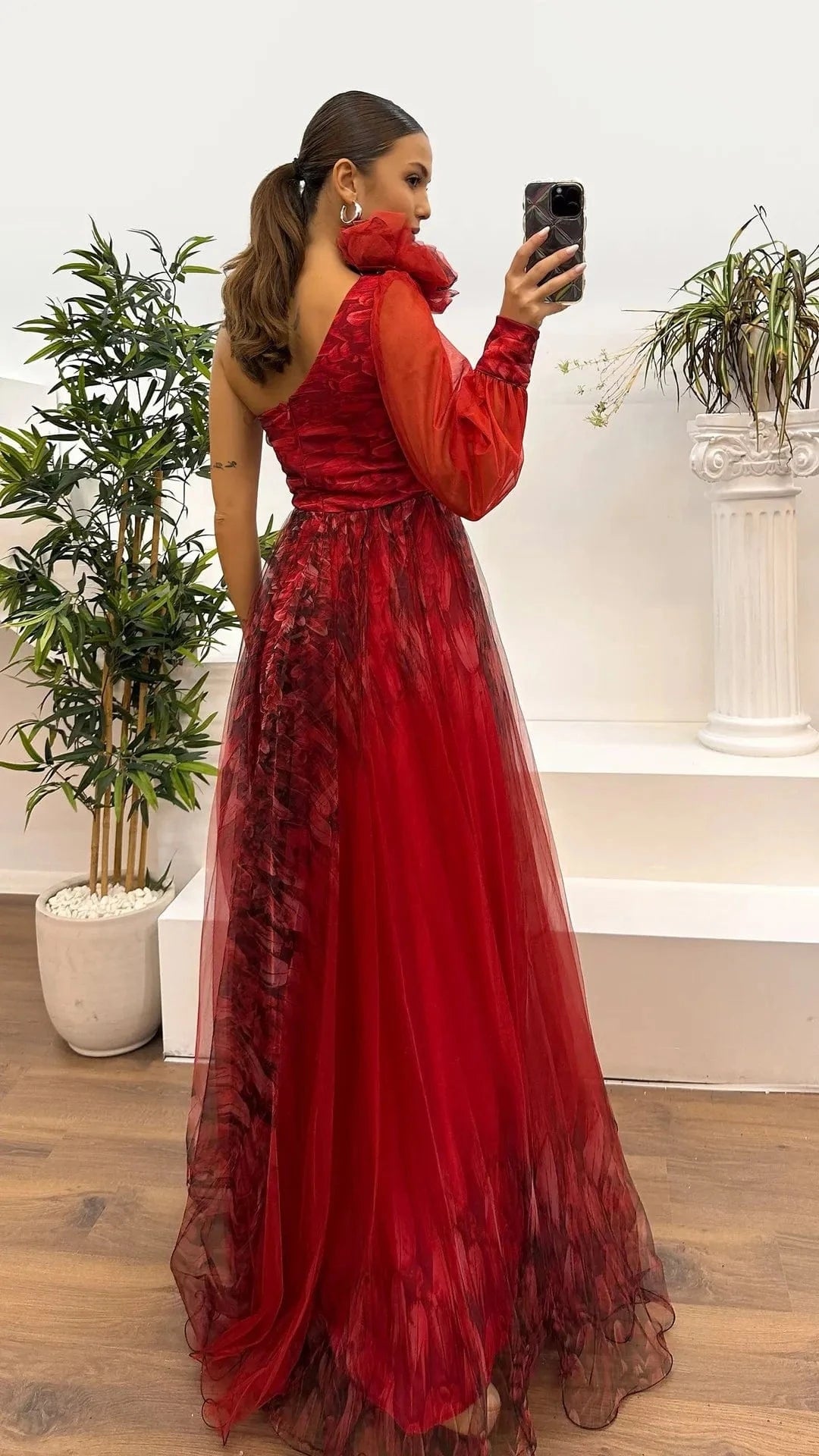 New One Shoulder Sleeve Pleats Bridesmaid Dress Vintage Pattern Printed High Waist Long Dress Sexy Asymmetric Mesh Evening Dress