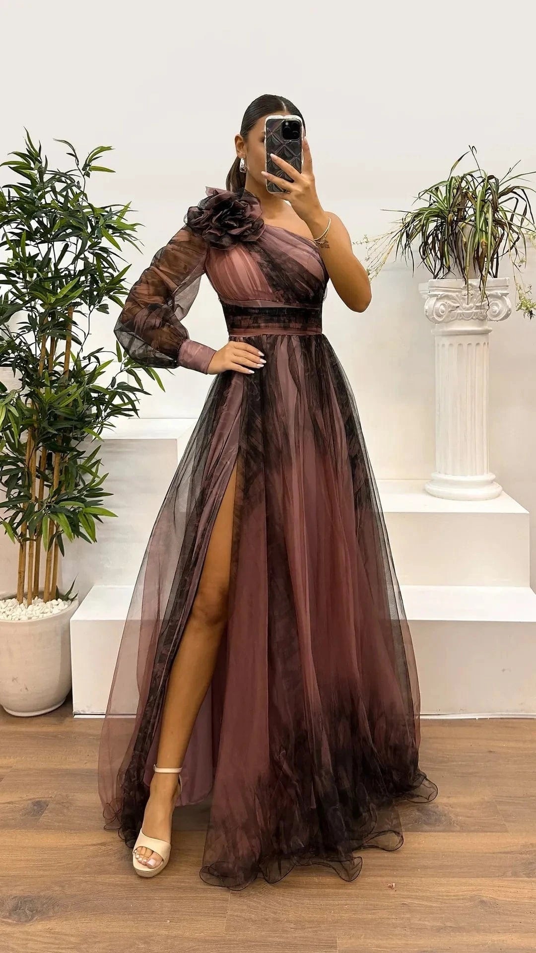 New One Shoulder Sleeve Pleats Bridesmaid Dress Vintage Pattern Printed High Waist Long Dress Sexy Asymmetric Mesh Evening Dress