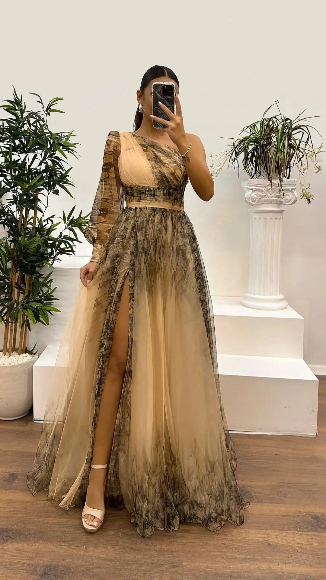 New One Shoulder Sleeve Pleats Bridesmaid Dress Vintage Pattern Printed High Waist Long Dress Sexy Asymmetric Mesh Evening Dress