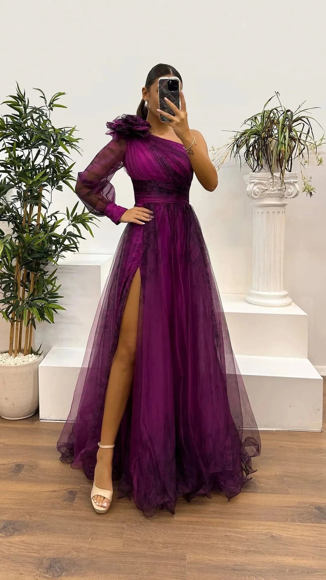 New One Shoulder Sleeve Pleats Bridesmaid Dress Vintage Pattern Printed High Waist Long Dress Sexy Asymmetric Mesh Evening Dress