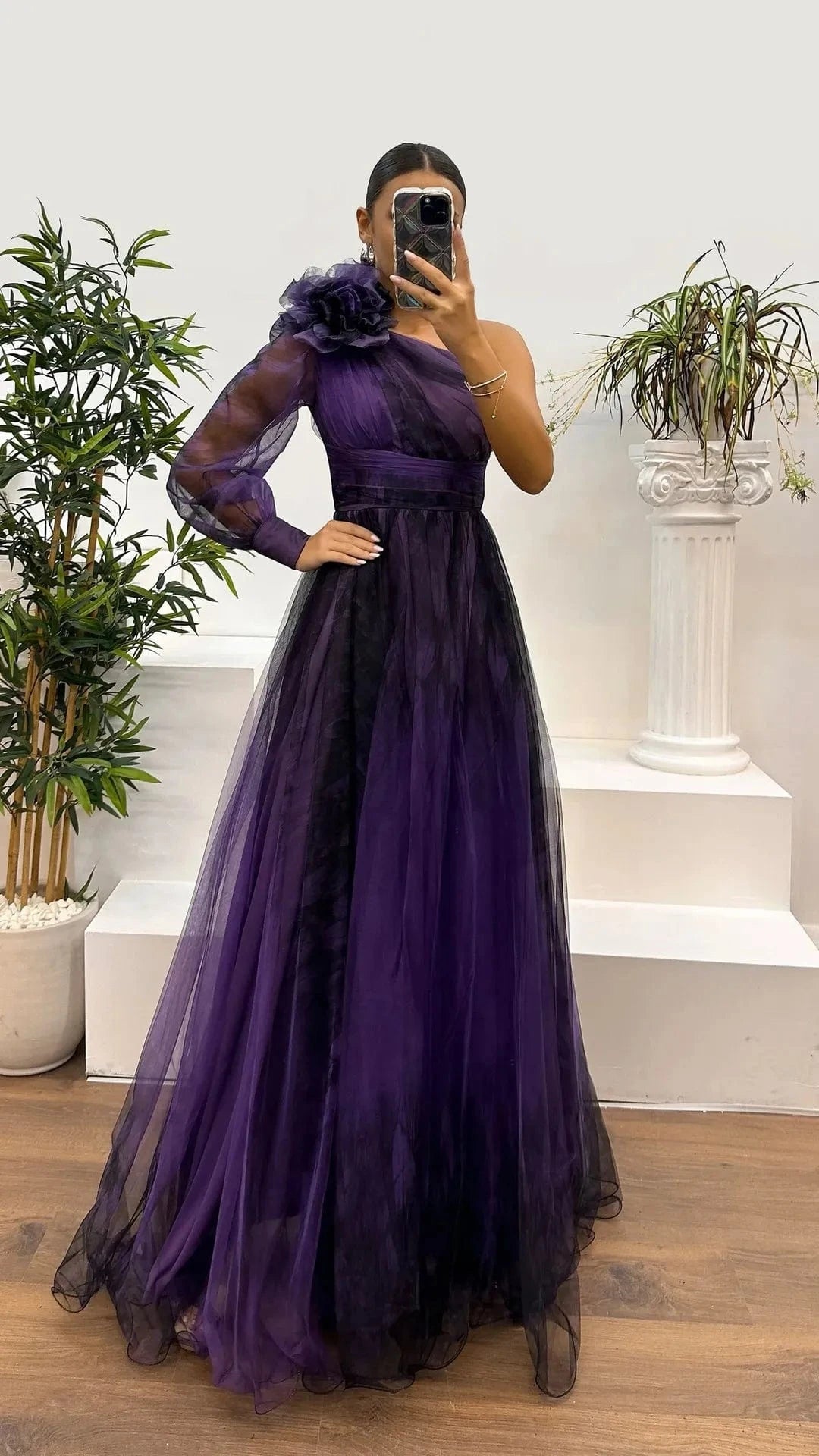 New One Shoulder Sleeve Pleats Bridesmaid Dress Vintage Pattern Printed High Waist Long Dress Sexy Asymmetric Mesh Evening Dress