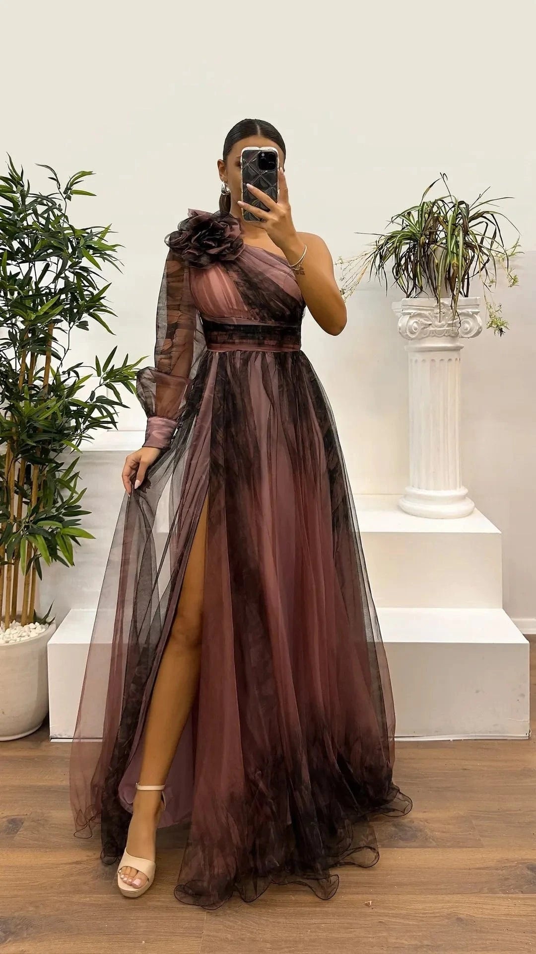 New One Shoulder Sleeve Pleats Bridesmaid Dress Vintage Pattern Printed High Waist Long Dress Sexy Asymmetric Mesh Evening Dress