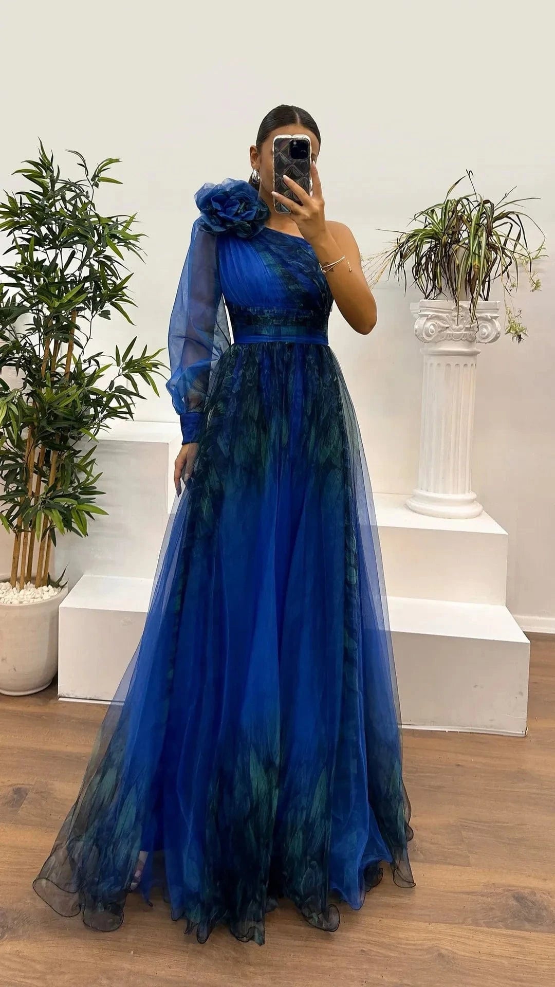 New One Shoulder Sleeve Pleats Bridesmaid Dress Vintage Pattern Printed High Waist Long Dress Sexy Asymmetric Mesh Evening Dress