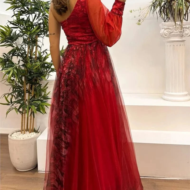 New One Shoulder Sleeve Pleats Bridesmaid Dress Vintage Pattern Printed High Waist Long Dress Sexy Asymmetric Mesh Evening Dress