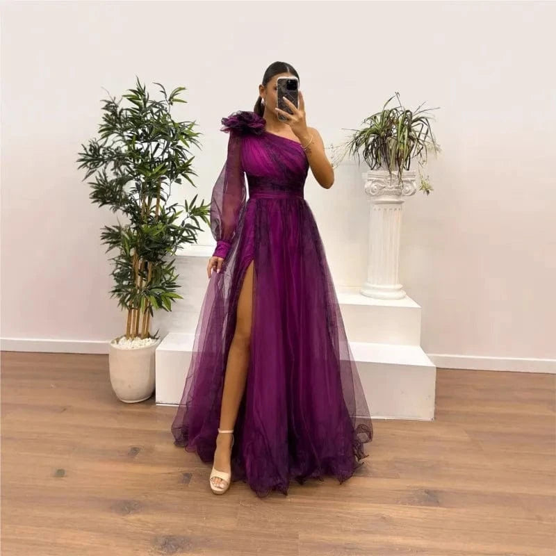 New One Shoulder Sleeve Pleats Bridesmaid Dress Vintage Pattern Printed High Waist Long Dress Sexy Asymmetric Mesh Evening Dress