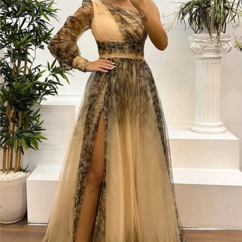 New One Shoulder Sleeve Pleats Bridesmaid Dress Vintage Pattern Printed High Waist Long Dress Sexy Asymmetric Mesh Evening Dress