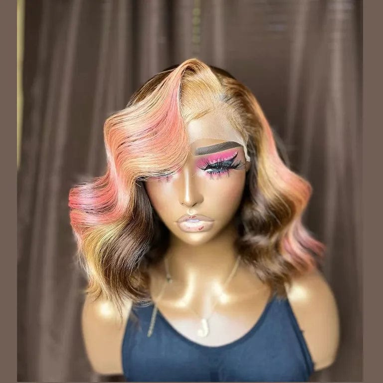 New Pink Brown Highlight Color Body Wave Cuticle Aligned Human Hair Lace Front Wigs With Baby Hair