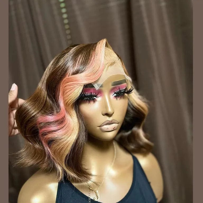 New Pink Brown Highlight Color Body Wave Cuticle Aligned Human Hair Lace Front Wigs With Baby Hair
