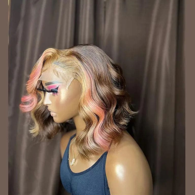 New Pink Brown Highlight Color Body Wave Cuticle Aligned Human Hair Lace Front Wigs With Baby Hair
