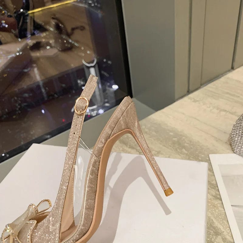 New Pointed Bride Wedding Shoes Rhinestone Bow High Heels Sandals Stilettos Slipper Female Ladies Low Heels