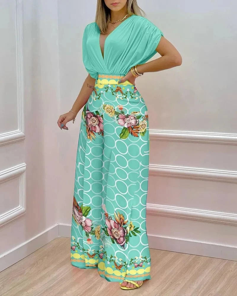 New Printed Floral Doll Sleeve Top Wide Leg Pants Two Piece Set Summer Women Outfits 2 Piece Set