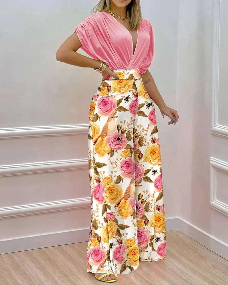 New Printed Floral Doll Sleeve Top Wide Leg Pants Two Piece Set Summer Women Outfits 2 Piece Set