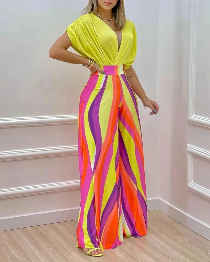 New Printed Floral Doll Sleeve Top Wide Leg Pants Two Piece Set Summer Women Outfits 2 Piece Set
