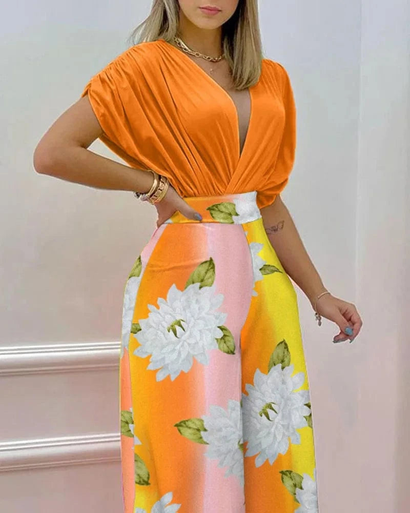 New Printed Floral Doll Sleeve Top Wide Leg Pants Two Piece Set Summer Women Outfits 2 Piece Set