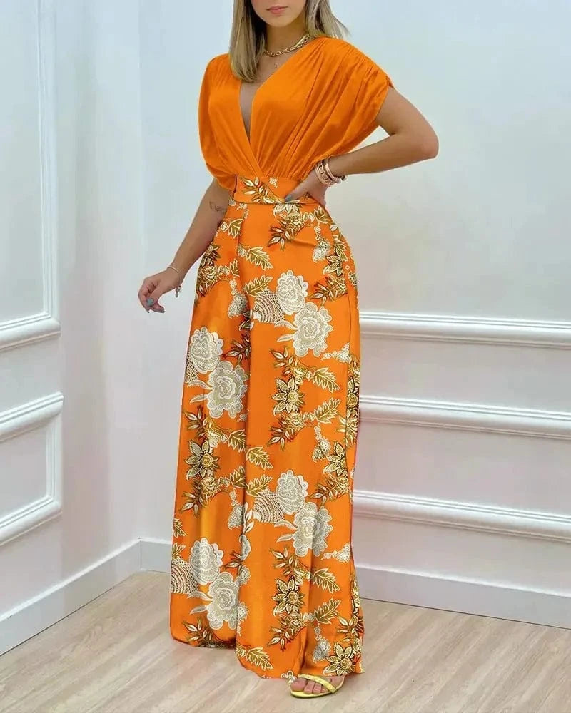 New Printed Floral Doll Sleeve Top Wide Leg Pants Two Piece Set Summer Women Outfits 2 Piece Set