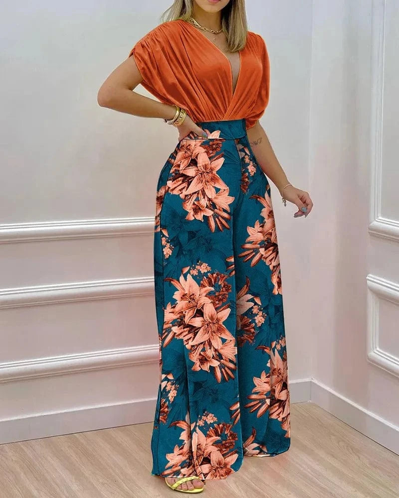 New Printed Floral Doll Sleeve Top Wide Leg Pants Two Piece Set Summer Women Outfits 2 Piece Set