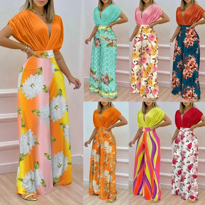 New Printed Floral Doll Sleeve Top Wide Leg Pants Two Piece Set Summer Women Outfits 2 Piece Set