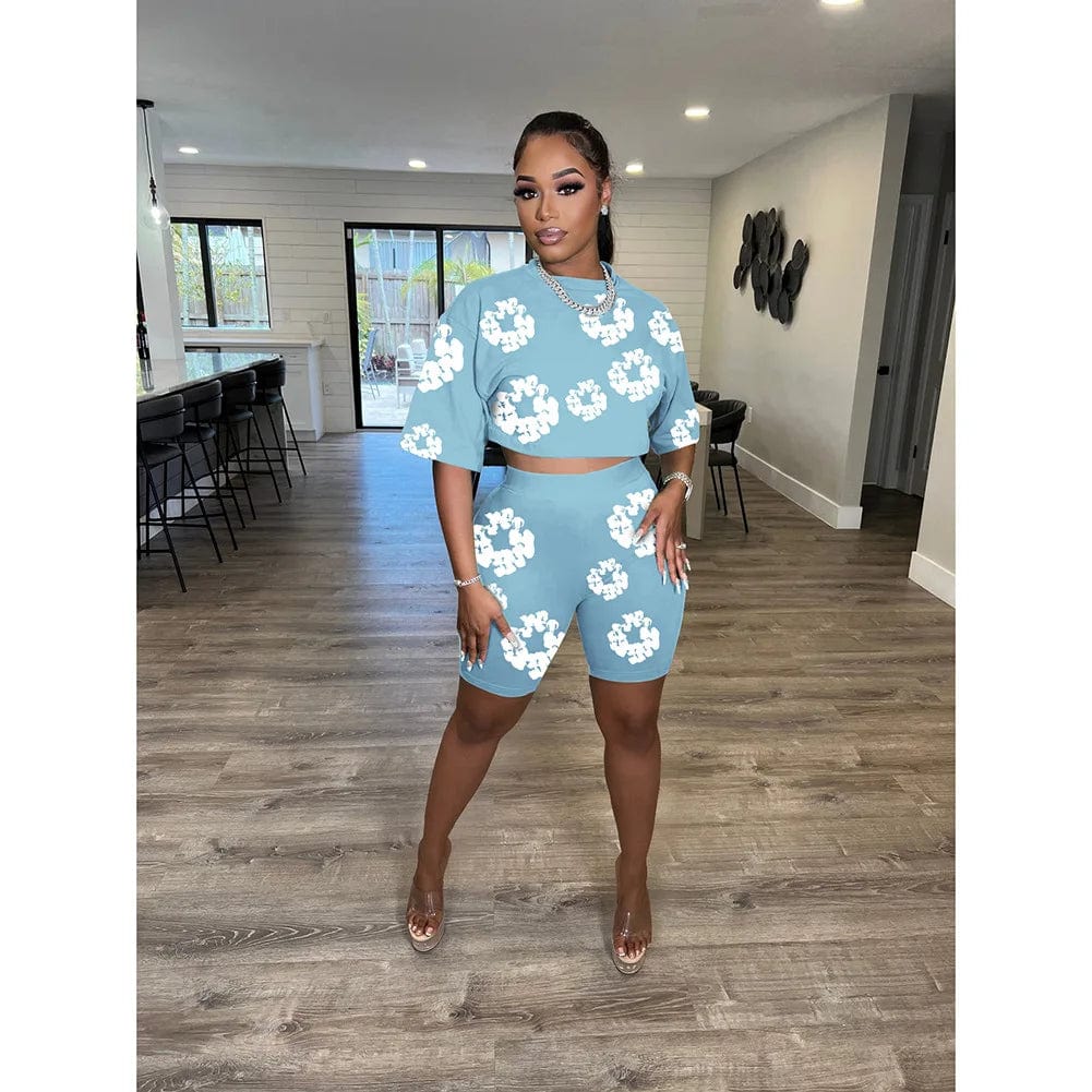 new product 2024 popular best selling Slim Round neck short sleeve popular digital pattern printed shorts set