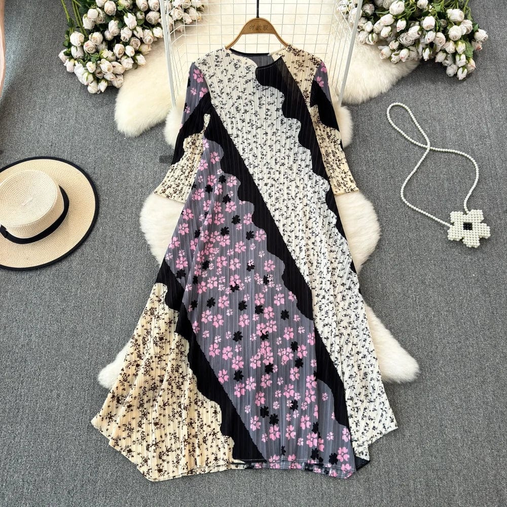 New Retro Niche Design Printing Stitching Long Sleeve Plus Size Dress