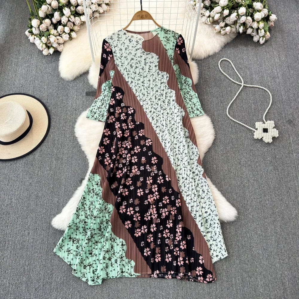 New Retro Niche Design Printing Stitching Long Sleeve Plus Size Dress