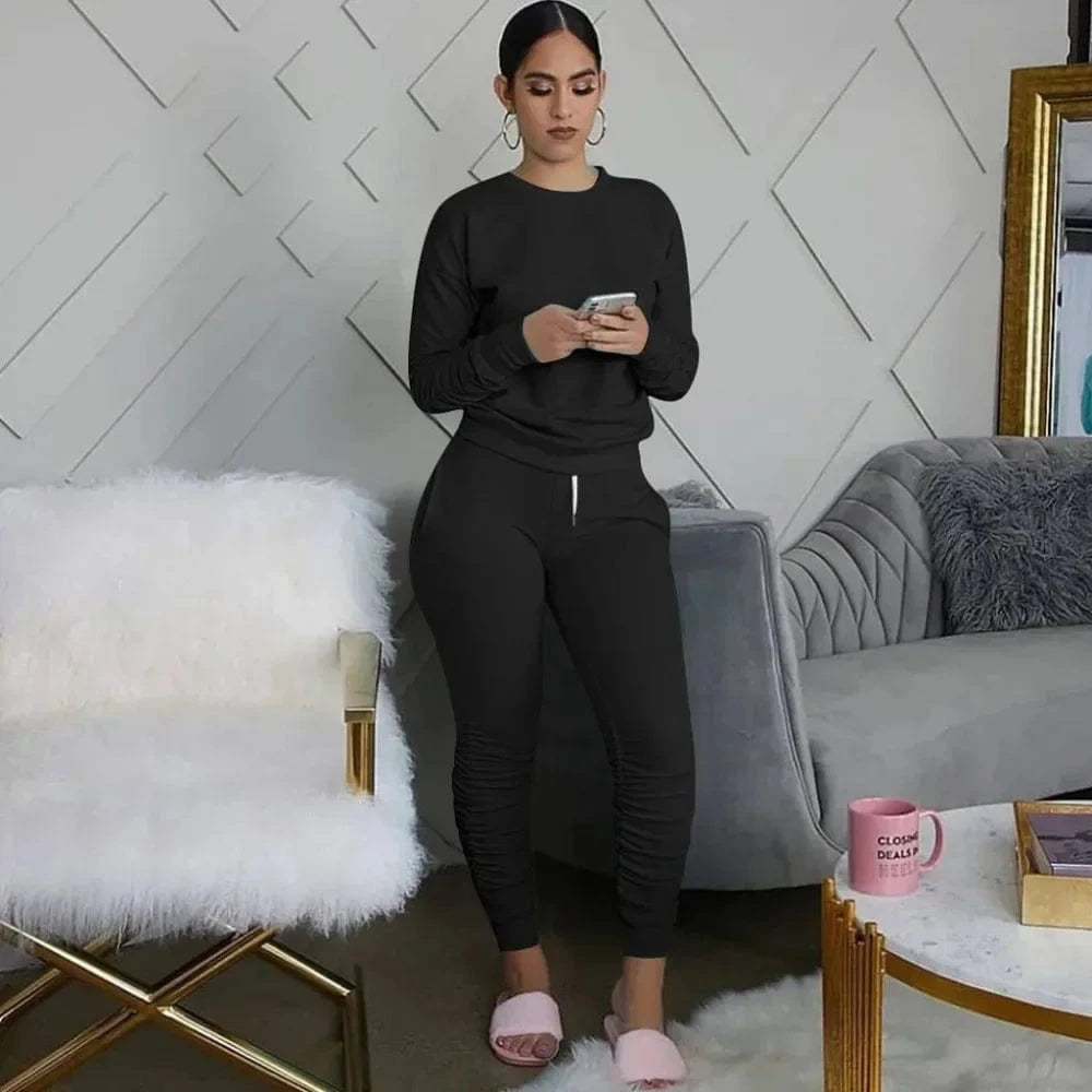 New round Neck Long Sleeve Slim Fit Warm Top Elastic Waistband Lace-up Trousers Simple Solid Color Sports Two-Piece Set