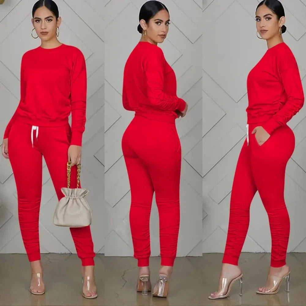 New round Neck Long Sleeve Slim Fit Warm Top Elastic Waistband Lace-up Trousers Simple Solid Color Sports Two-Piece Set