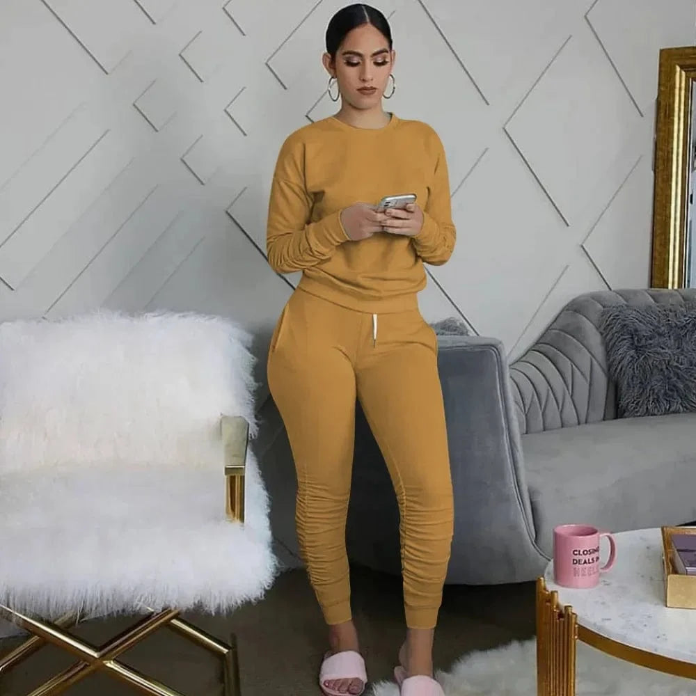 New round Neck Long Sleeve Slim Fit Warm Top Elastic Waistband Lace-up Trousers Simple Solid Color Sports Two-Piece Set
