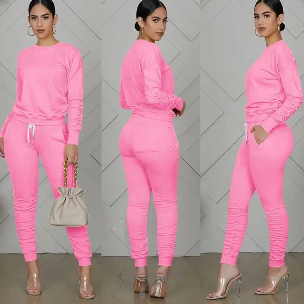 New round Neck Long Sleeve Slim Fit Warm Top Elastic Waistband Lace-up Trousers Simple Solid Color Sports Two-Piece Set