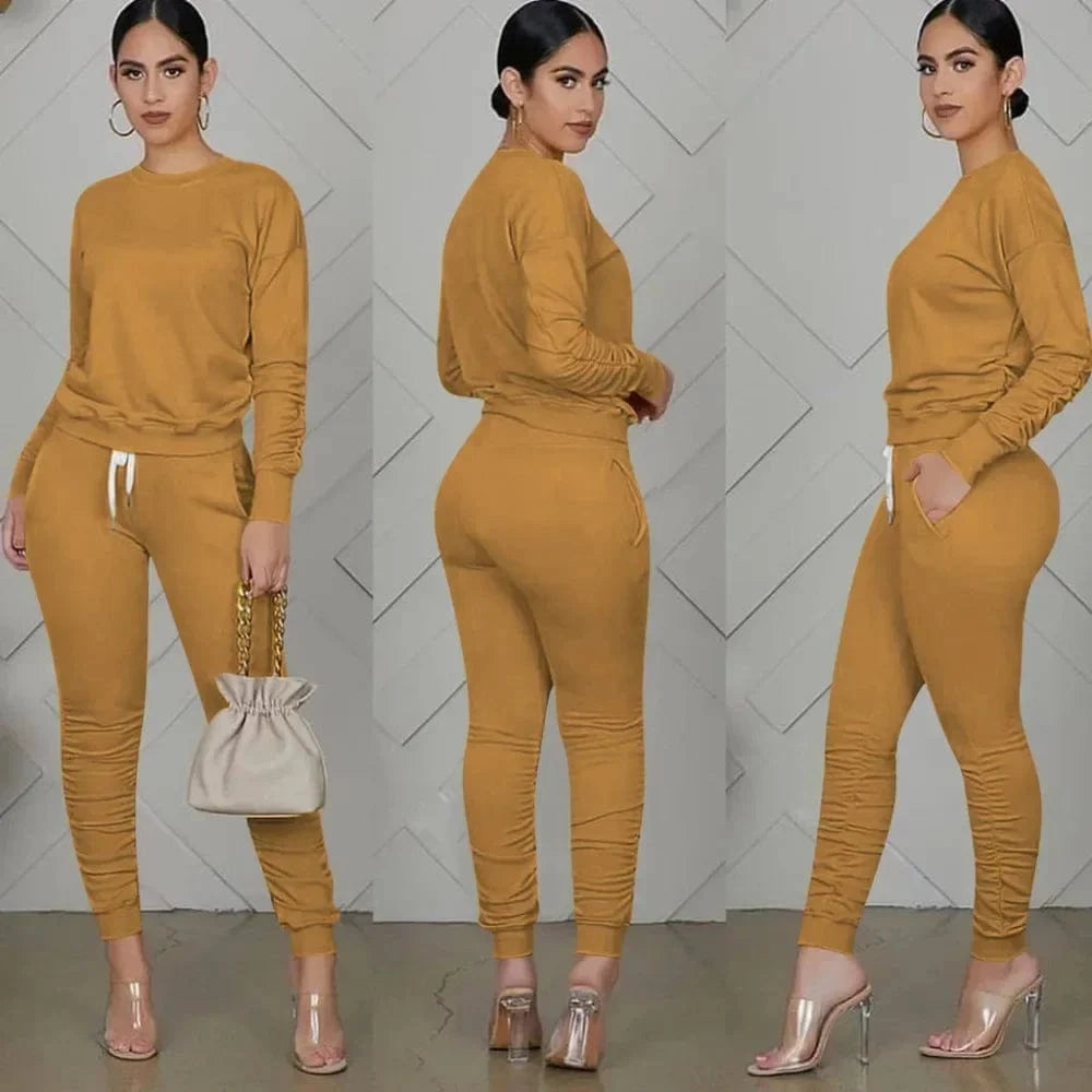 New round Neck Long Sleeve Slim Fit Warm Top Elastic Waistband Lace-up Trousers Simple Solid Color Sports Two-Piece Set