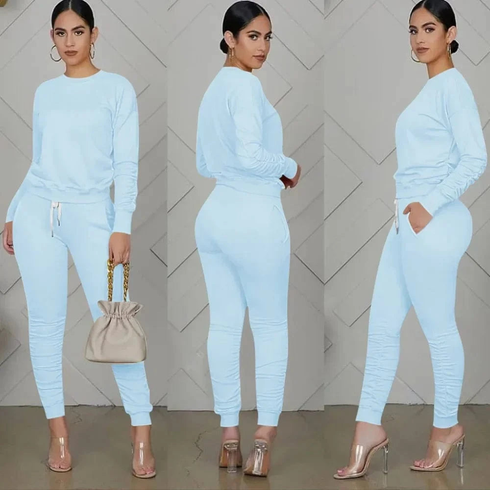New round Neck Long Sleeve Slim Fit Warm Top Elastic Waistband Lace-up Trousers Simple Solid Color Sports Two-Piece Set