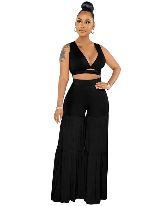 New Sexy Bundled Vest Top V-Neck Pleated Solid Color Summer Casual Women Mid-Waist Stitching Wide-Leg Two Piece Pants Set