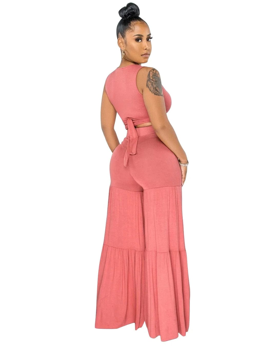 New Sexy Bundled Vest Top V-Neck Pleated Solid Color Summer Casual Women Mid-Waist Stitching Wide-Leg Two Piece Pants Set