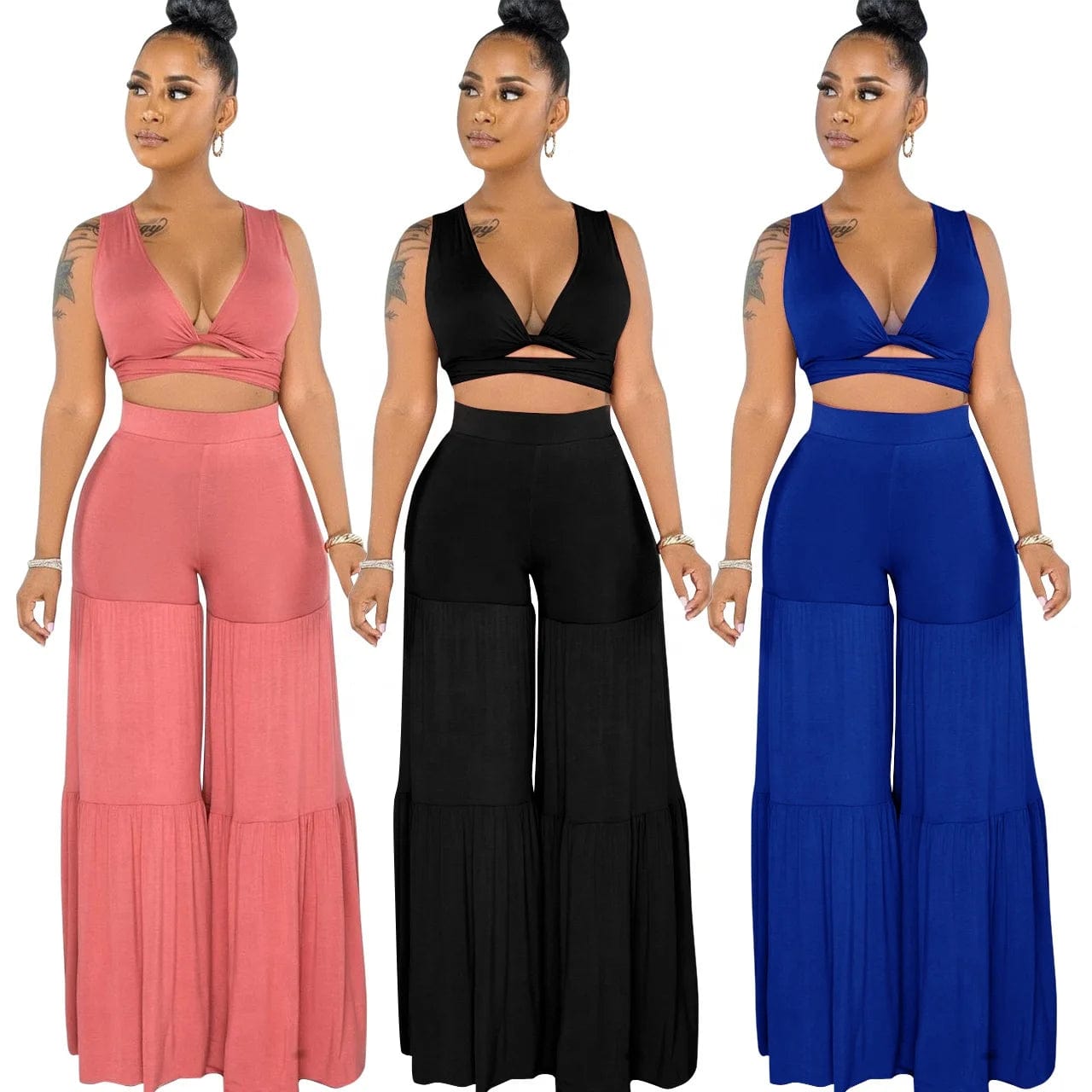 New Sexy Bundled Vest Top V-Neck Pleated Solid Color Summer Casual Women Mid-Waist Stitching Wide-Leg Two Piece Pants Set