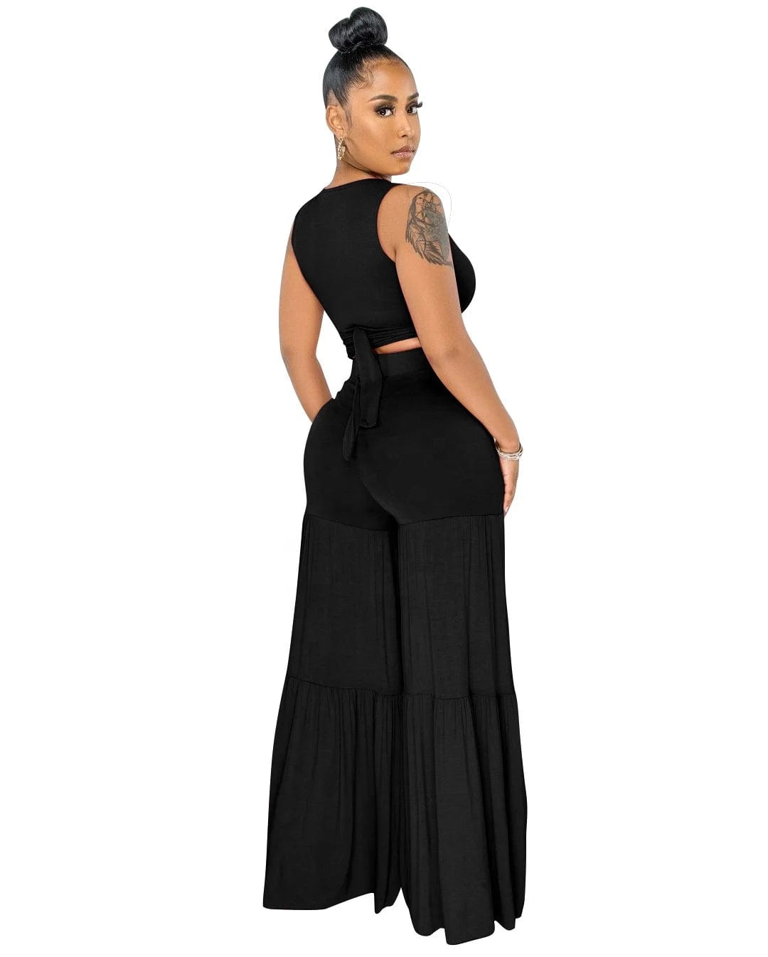 New Sexy Bundled Vest Top V-Neck Pleated Solid Color Summer Casual Women Mid-Waist Stitching Wide-Leg Two Piece Pants Set